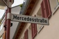 Sign with Mercedes Street lettering in german: MercedesstraÃÅ¸e in the founding town Sindelfingen in Germany